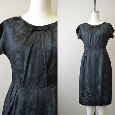 1950s Black Floral Satin Brocade Wiggle Dress 