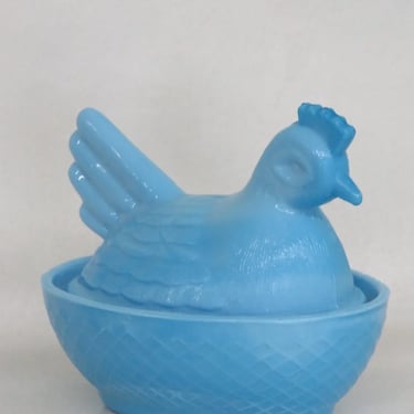 Heisey Blue Slag Glass Chicken Hen on Nest Small Covered Dish 2914B