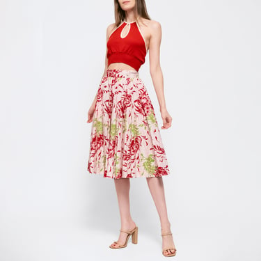 XS 50s 60s Windy Floral Print Circle Skirt 24" | Vintage Red Pink Green Boho Midi Flower Print Skirt 