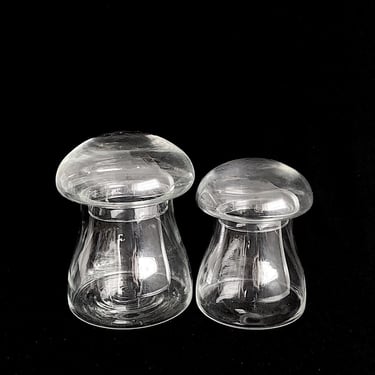 Vintage Modern Set of 2 Glass MUSHROOM Canisters Containers with Lids 