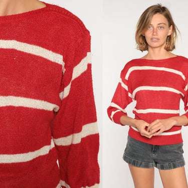 Red Striped Sweater 80s Knit Sweater Retro Slouchy Boatneck 3/4 Sleeve Pullover Jumper Basic Plain White Stripes Vintage 1980s Medium M 