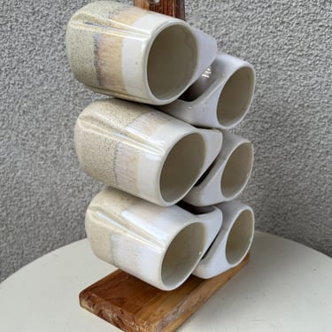 Vintage Padilla stackable beige cream mugs set 6 with wood stand Made in Mexico 
