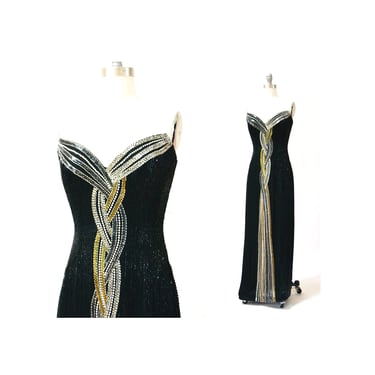80s 90s Vintage Beaded Sequin Gown Dress By Bob Mackie Black Silver Strapless Black Beaded Gown BoB Mackie Cher Pageant Dress XS Small 