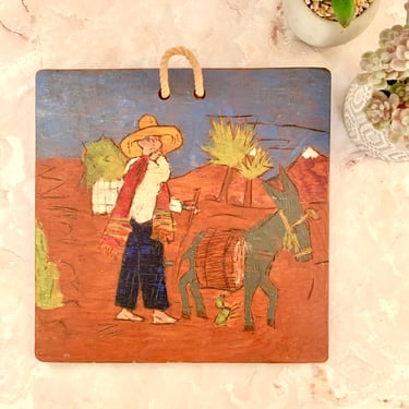 Primitive Art, Hand Painted, Mexico Scenery, Painting on Wood, Artist Signed, 1941, Wall Decor 