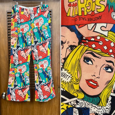 Vintage 1960’s Comic Book Mod Pop Art Cartoon Flare Jeans Pants, 60’s Pop Art, Vintage Pants, Vintage Comic Art, Vintage Clothing 