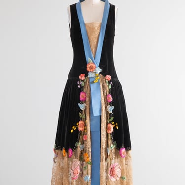 Museum Quality 1920’s Couture Evening Dress By Sadie Nemser Midnight Garden Black Silk Velvet With Ribbon Flowers / Small