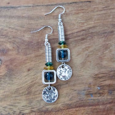 Mid century modern earrings, multicolor glass and silver earrings 