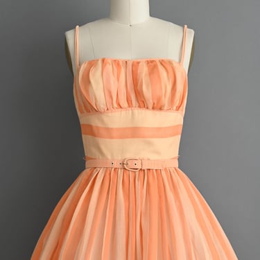 Vintage 1950s Dress | Creamsicle Orange Stripe Print Cotton Full Skirt Summer Dress | Small 