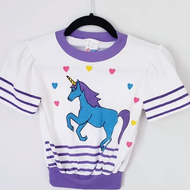 80s Kids Top with Unicorn Print Colorful Short Sleeves Stripes Summer Childs Little Topsys Small 