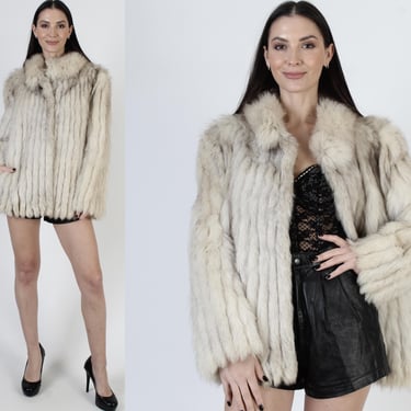 Arctic Fox Fur Jacket, Off White Shawl Collar, Striped Corded Coat, Womens Winter Overcoat 