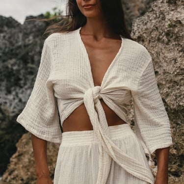 Bali Wrap Top in Natural with Gold Stripes