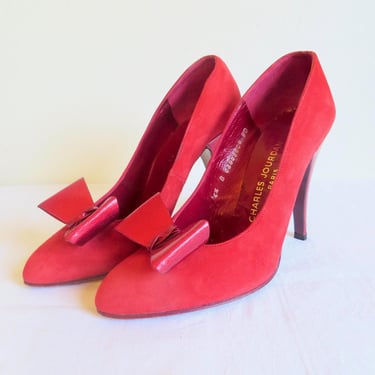 1980's Charles Jourdan Paris Size 6.5 Red Suede High Heel Pumps Patent Leather Bow Trim French Heels Made in France 