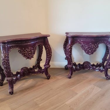 Pair of Vintage French Provincial Rococo Louis XV Style Carved Distressed Painted Purple Console Tables 
