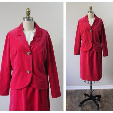 Vintage 50s 1960s Koret of California Women's 2 Piece Hot Pink Velvet Skirt Suit dress set  // Modern Size XS S // US 0 2 4 