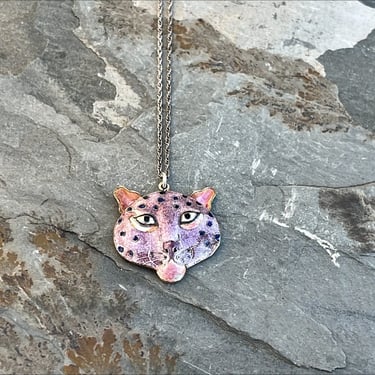 Vintage Sterling Silver Painted and Glazed Purple Spotted Cheetah / Leopard / Cougar / Cat Pendant Necklace 