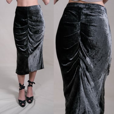 Vintage GIORGIO ARMANI Runway Collection Silk Gunmetal Chevron Velvet Ruched Pencil Skirt | Made in Italy | Y2K ARMANI Designer Velvet Skirt 
