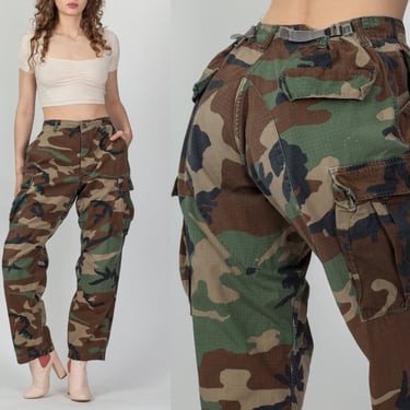 80s High Waist Camo Cargo Pants - 29"-33" | Vintage Unisex Military Camouflage Army Field Trousers 