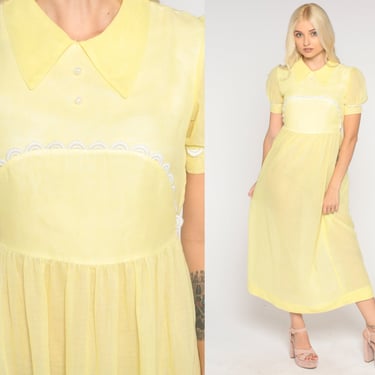 Sheer Pastel Dress 70s Maxi Yellow Boho Sheer PUFF Sleeve Dress Bohemian Fairycore Prairie Dress 1970s High Waist 60s Vintage Extra Small xs 