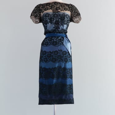 Gorgeous 1950's Blue Silk Ombre Cocktail Dress With Black Lace From Saks / Waist 30