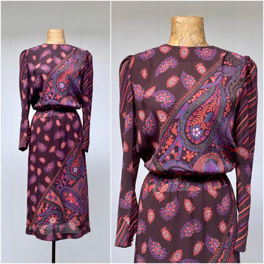 Vintage 1980s Brown Paisley Print Dress, Puffed Sleeve Mixed Print Rayon Day Dress, Warren Z Secretary Dress, Medium 40