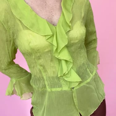 VTG Y2K Bright Green Sheer Ruffle Blouse 