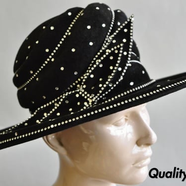 Vintage Makins New York Black Rhinestone Bow Wide Brim Church Derby Ladies Hat