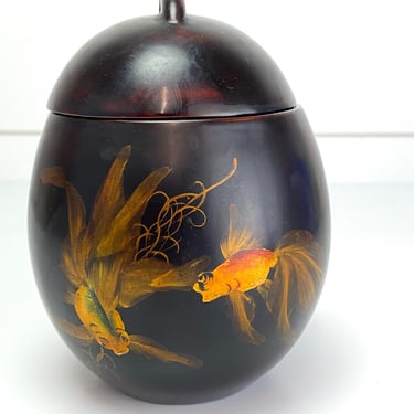 Vintage Chinese Asian Black Lacquer Lidded Jar Handpainted Goldfish Fish Vase 