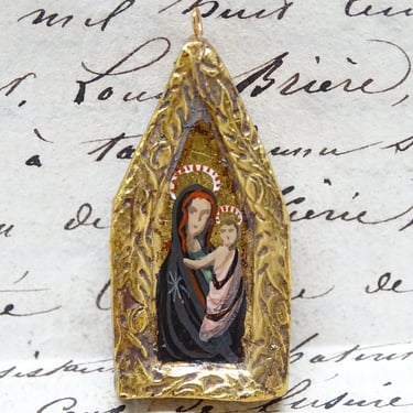 Vintage Hand Painted French Miniature Portrait of Saint Mary with Christ Child Jesus Pendant,  Madonna Painting Religious Art 