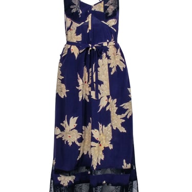 Zadig & Voltaire - Purple & Cream Floral w/ Navy Lace Trim Sleeveless Maxi Dress Sz L