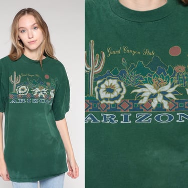 Arizona T-Shirt 90s Grand Canyon State Tshirt Desert Cactus Flower Moon Graphic Tee Retro T Shirt Distressed Green Vintage 1990s Jerzees XL 