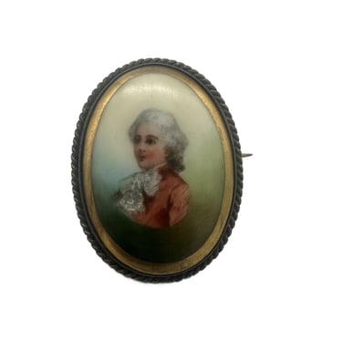 1960's Limoges Style Hand Painted Porcelain Miniature Portrait Brooch 