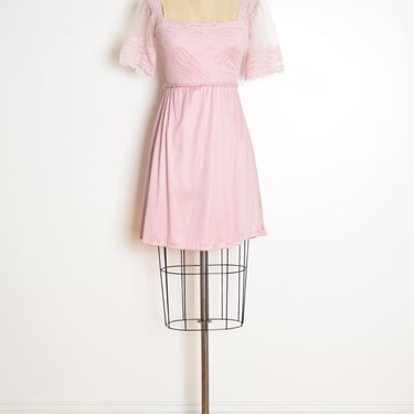 vintage 70s dress dusky pink lace bodice braid belt romantic mini dress XS clothing 