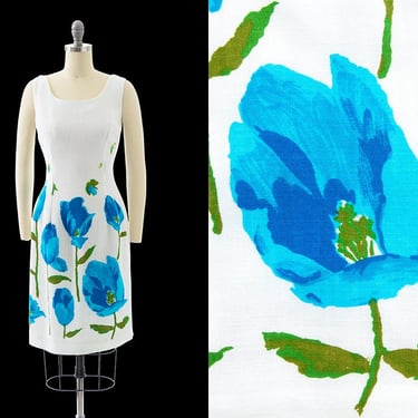 Vintage 1960s Sundress | 60s Floral Border Print White Linen Blue Flowers Wiggle Sheath Day Dress (small) 