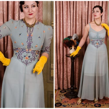 1930s Dress Set- Breathtaking I.MAGNIN  Blue Late 30s Gown and Matching Bell Zipper Jacket with Floral Tambour Embroidery 
