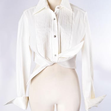 Designer TUXEDO Blouse Shirt, White, Tie Front, French Cuffs, Joseph Ribkoff Vintage 1960's, 1970's 