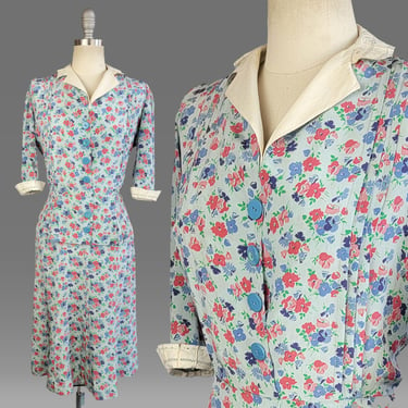 1940s Dress / 1940s Blue Floral Silk Swiss Day Dress / 1940s Floral Dress with Peplum / Size Medium 