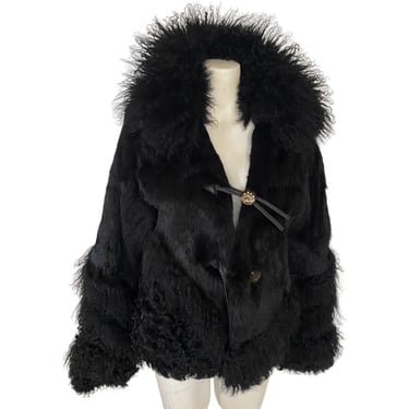 Vintage fur coat, rabbit Fur stroller coat, black fur jacket statement jacket, mongolian sheep fur coat, women's fur coat size large xl 