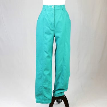 80s Teal Together Pants - 29" or snug 30" waist - High Rise - Light Texture, Cotton - Vintage 1980s - 30" inseam 