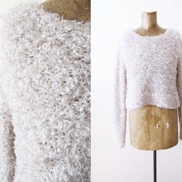 Vintage 90s Chenille Cropped Sweater S M - 90s Beige Neutral Pullover Sweater - Soft Fuzzy 1990s Crewneck Grunge Long Sleeve Top 