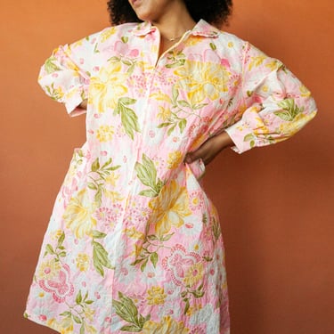 1960s Country Flowers House Coat/Dress, sz. M/L