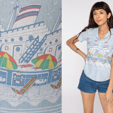 Nautical Boat Shirt 70s Cruise Ship Print Top Disco Beach 1970s Button Up Novelty Vintage Sailor Short Sleeve Blue Boho Small 