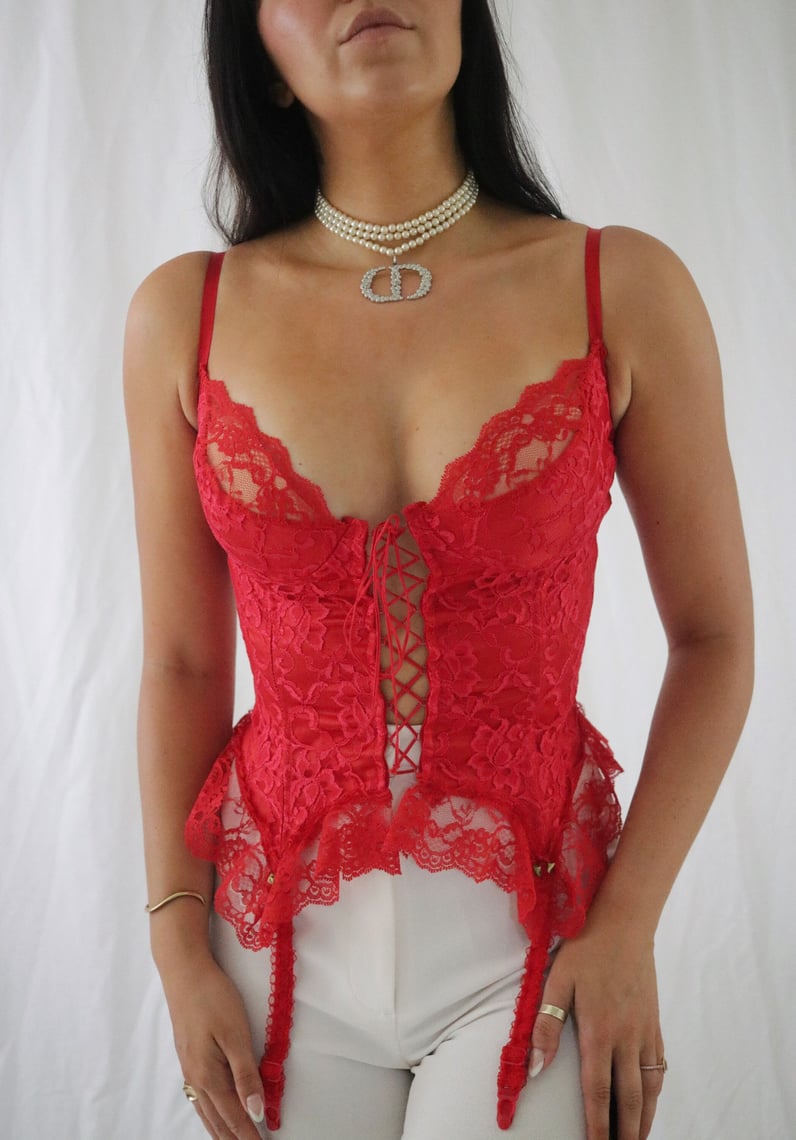 Vintage Fredericks of Hollywood Gothic Corset Top Lace Up Red Black M 36  Bustier