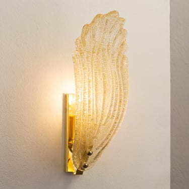 Amber-colored Murano glass wall lamps vintage style leaves, Made in Italy 