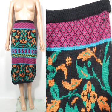 Vintage 80s/90s Bright Bold Pattern Acrylic Knit Sweater Maxi Skirt Size M 