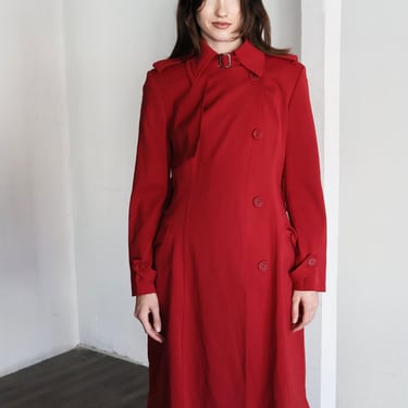 GIANFRANCO FERRE 1990s Wool Fitted Trench Coat with Plaid Lining + Neck Buckle in Crimson Red Overcoat sz XS s m Made in Italy G.F. Ferre 