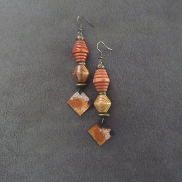 African print Ankara earrings, wooden earrings, bold statement earrings, Afrocentric batik earrings, patterned fabric earrings orange 