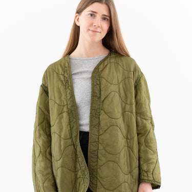Vintage Green Liner Jacket | Unisex Wavy Quilted Nylon Coat | L | LI172 