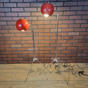 Pair of Lightning Bug Vintage Orange/Red Mid Century Modern 'Eyeball' Telescoping Floor Lamps 