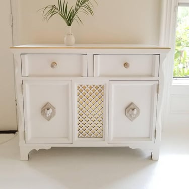 Sold##Marrakesh Girl, Boho side board, buffet, credenza, bar, Palm Regency gold and white, ELEPHANT handles, trellis, Marrakech, 