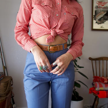 Vintage 70's Ski Levis Strauss Pointed Collared Gingham Long Sleeve Red Button-up Oxford Blouse 